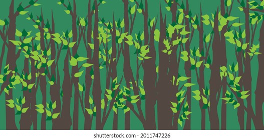 Vector background of a forest grove. Lots of trees with leaves. Illustration of nature, which can be applied to websites about nature protection, ecology.