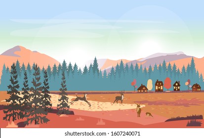 Vector background of a forest mountains wilderness landscape. 