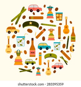 Vector background in the form of a circle with flat colorful objects on Cuba theme with rum, coctail Cuba Libre, old car, sugar cane, coffee, guitar, cigar, national woman's dress and famous hat of