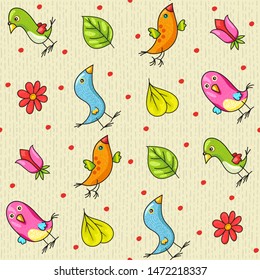 Vector background with four colorful birdies drawn in cartoon style. Doodles. Birds characters. 
