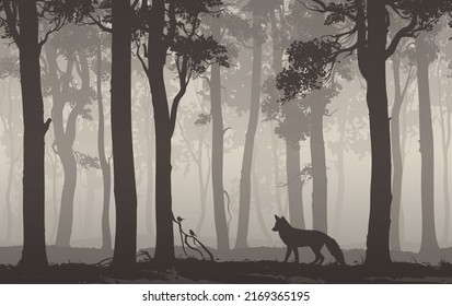 Vector background with fox and birds in the forest. The illustration is seamless horizontally.