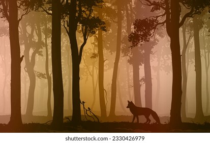 Vector background with fox and birds in the forest. The illustration is seamless horizontally.
