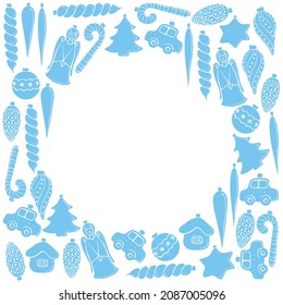 Vector background, frame, border of blue silhouettes decorations for xmas tree. Edging for New Year, Christmas design
