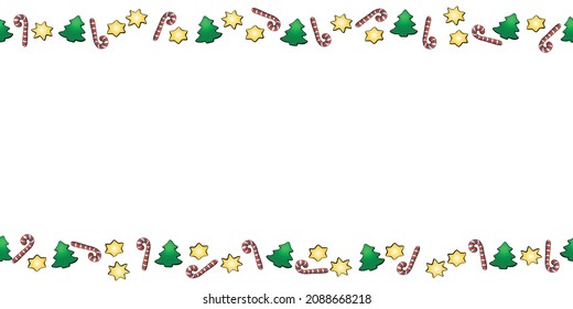 Vector background, frame, border of candy canes, stars, Christmas trees. Horizontal top and bottom edging, decoration on theme New Year and xmas.