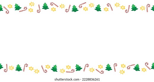 Vector background, frame, border of candy canes, stars, Christmas trees. Horizontal top and bottom edging, decoration on theme New Year and xmas.