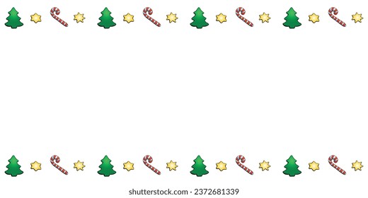 Fondo vectorial, marco, borde de bastones, estrellas, árboles de Navidad. Borde horizontal superior e inferior, decoración sobre el tema Año Nuevo y Navidad.