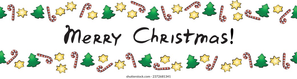 Vector background, frame, border of candy canes, stars, xmas trees. Horizontal top and bottom edging, decoration. Merry Christmas lettering banner.