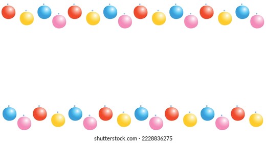 Vector background, frame, border of Christmas tree balls. Horizontal top and bottom edging, decoration on theme New Year and xmas.
