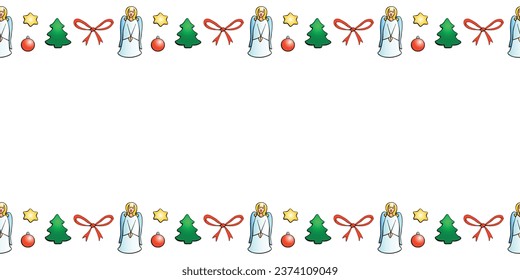 Vector background, frame, border of color festive Christmas symbols in doodle style. Horizontal top and bottom edging, decoration on theme New Year and xmas.