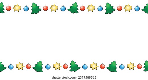 Vector background, frame, border of color festive symbols - figures of Christmas trees, stars, xmas balls, decorations. Bright horizontal top and bottom edging for Merry Christmas, Happy New Year