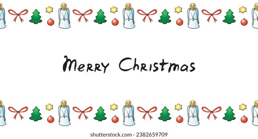 Vector background, frame, border of color festive Christmas symbols in doodle flat style. Horizontal top and bottom edging, decoration. Merry Christmas lettering.