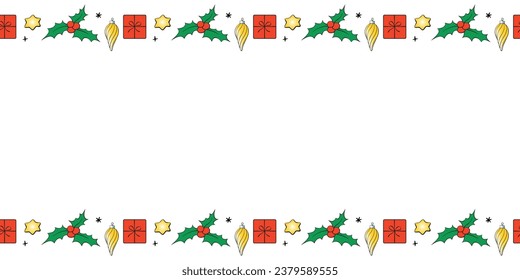 Vector background, frame, border of colorful festive xmas symbols - presents, stars, holly berries. Bright horizontal top and bottom edging for Merry Christmas, Happy New Year