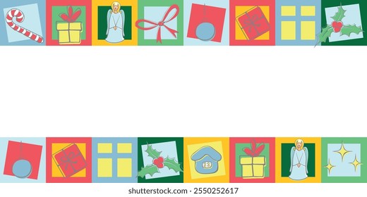 Vector background, frame, border of festive xmas holiday icons in flat style. Modern geometric Christmas mosaic, isolated. Horizontal top and bottom edging, bright decoration