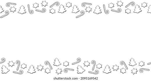 Vector background, frame, border of outline candy canes, stars, Christmas trees. Horizontal top and bottom edging, decoration on theme New Year and xmas.