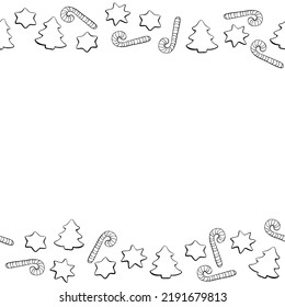 Vector background, frame, border of outline candy canes, stars, Christmas trees. Horizontal top and bottom edging, decoration on theme New Year and xmas.