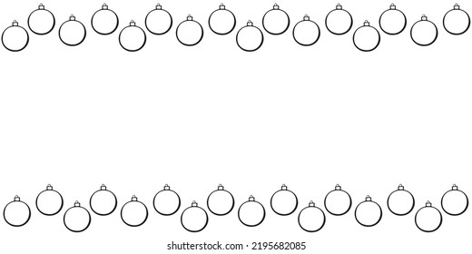 Vector background, frame, border of outline Christmas tree balls. Horizontal top and bottom edging, decoration on theme New Year and xmas. Template for kids creativity