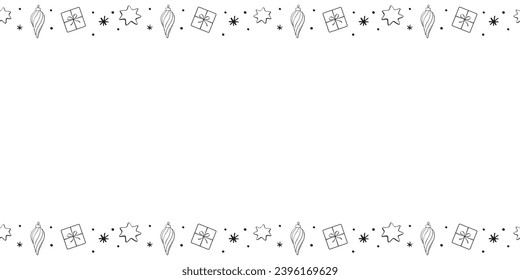 Vector background, frame, border of outline festive xmas symbols. Horizontal top and bottom edging for Merry Christmas, Happy New Year