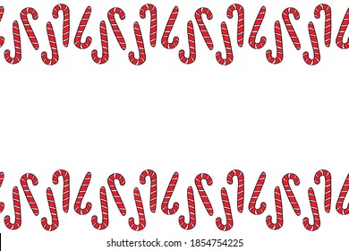 Vector Background, frame, border from red candy cane. Horizontal top and bottom edging, decoration on theme sweet New Year and Christmas. For greeting cards, invitations, xmas design