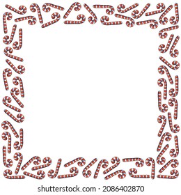 Vector background, frame, border from red candy cane. Bright edging, decoration on theme sweet New Year and Christmas. For greeting cards, invitations, xmas design