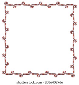 Vector background, frame, border from red candy cane. Bright edging, decoration on theme sweet New Year and Christmas. For greeting cards, invitations, xmas design