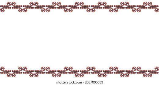 Vector background, frame, border from red candy cane. Horizontal top and bottom edging, decoration on theme sweet New Year and Christmas. For greeting cards, invitations, xmas design