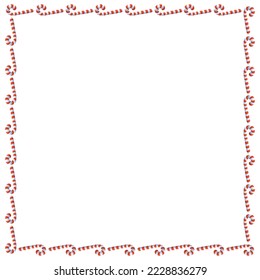 Vector background, frame, border from red candy cane. Bright edging, decoration on theme sweet New Year and Christmas. For greeting cards, invitations, xmas design