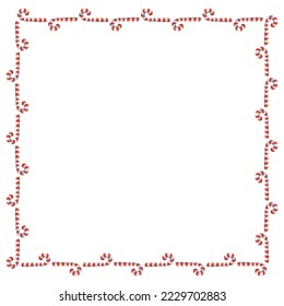 Vector background, frame, border from red candy cane. Bright edging, decoration on theme sweet New Year and Christmas. For greeting cards, invitations, xmas design