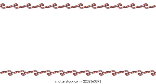 Vector background, frame, border from red candy cane. Horizontal top and bottom edging, decoration on theme sweet New Year and Christmas. For greeting cards, invitations, xmas design