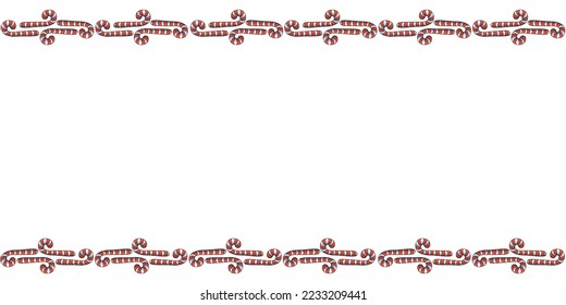 Vector background, frame, border from red candy cane. Horizontal top and bottom edging, decoration on theme sweet New Year and Christmas. For greeting cards, invitations, xmas design