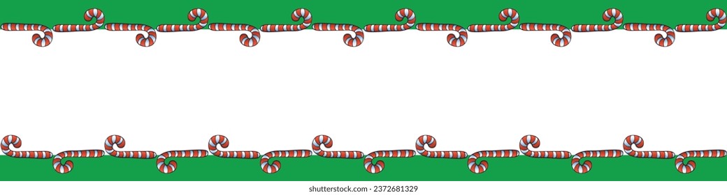 Vector background, frame, border from red candy cane. Horizontal top and bottom edging, decoration on theme sweet New Year and Christmas. For xmas design