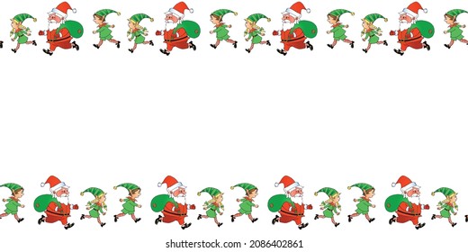 Vector background, frame, border from Santa Claus and Cute little Christmas Elves. Horizontal top and bottom edging, decoration on theme New Year and Xmas