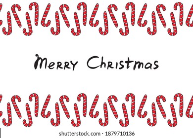 Vector Background, frame, border, title from red candy cane and lettering Merry Christmas. Horizontal top and bottom edging, decoration on theme sweet New Year and Xmas