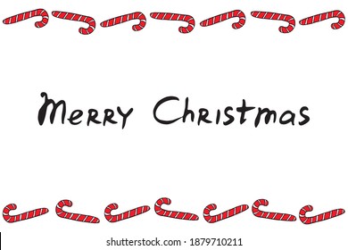 Vector Background, frame, border, title from red candy cane and lettering Merry Christmas. Horizontal top and bottom edging, decoration on theme sweet New Year and Xmas