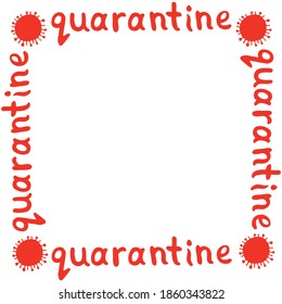 Vector background, frame, border with word quarantine and molecules, cells of virus, bacteria. Pandemic, epidemic covid-19. Theme of coronavirus, isolation. Flat doodle design isolated