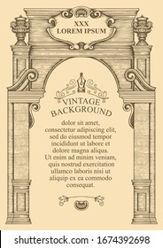 Vector background or frame for a diploma or certificate in the form of the facade of an old building. Hand drawn illustration with an architectural construction and place for text in vintage style