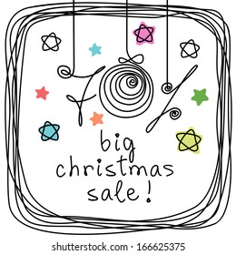 Vector background with frame of doodles, lettering - 70 % Big Christmas Sale! Poster to advertise of discount season. Cute illustration in childish hand drawn sketch style for print, web