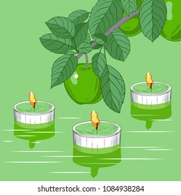 Vector background, frame with floating in the water light candles and green apples on the branches. Hand-drawn  illustration. 