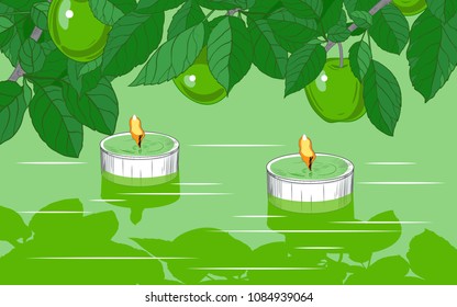 
Vector background, frame with floating in the water light candles and green apples on the branches. Hand-drawn  illustration. 