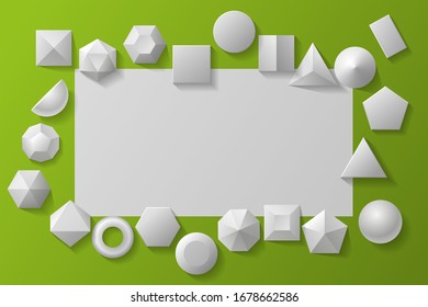 Vector background. Frame with geometrical 3D figures. Top view.