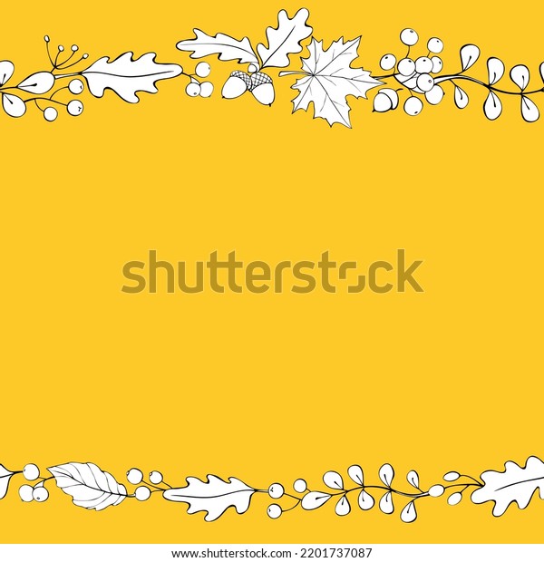 Vector\
background, frame made of autumn leaves, berries, acorns on edges.\
Horizontal top and bottom edging, border, template for seasonal\
design, thanksgiving theme and happy\
fall