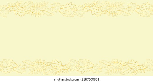 Vector background, frame made of brown outline autumn leaves on edges. Horizontal top and bottom edging, border, decoration for seasonal design, thanksgiving theme and happy fall