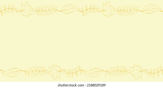 Vector background, frame made of brown outline autumn leaves on edges. Horizontal top and bottom edging, border, decoration for seasonal design, thanksgiving theme and happy fall