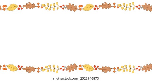 Vektorhintergrund, Rahmen aus bunten Herbstblättern, Beeren an Kanten. Horizontale Ober- und Unterkante, Rand, Dekoration für saisonales Design, Thanksgiving-Thema und Happy Fall