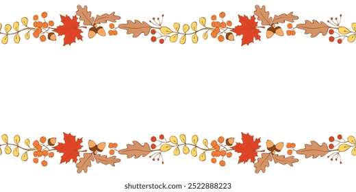 Fondo de Vector, marco hecho de hojas de otoño coloridas, bayas, bellotas en los bordes. Horizontal borde superior e inferior, borde, decoración para el diseño estacional, tema de acción de gracias y feliz caída