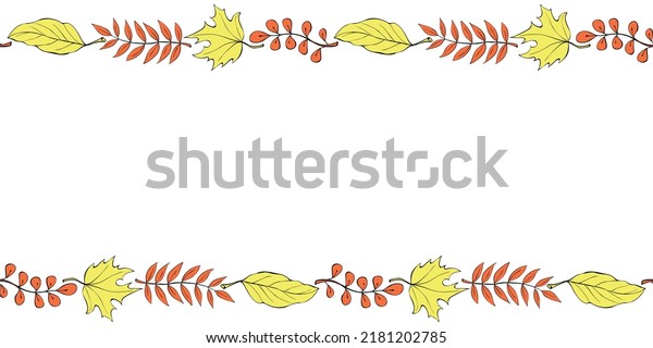 Vector\
background, frame made of colorful autumn leaves on edges.\
Horizontal top and bottom edging, border, decoration for seasonal\
design, thanksgiving theme and happy\
fall