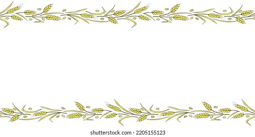 Vector Background, frame made of golden wheat or rye ears in doodle flat style. Horizontal top and bottom edging, border, decoration on theme of bakery products, flour, harvest, thanksgiving