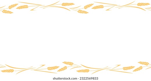 Vector Background, frame made of golden wheat or rye ears in flat style. Horizontal top and bottom edging, border, decoration on theme of bakery products, flour, harvest, thanksgiving