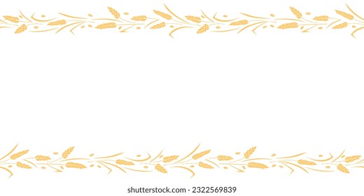 Vector Background, frame made of golden wheat or rye ears in flat style. Horizontal top and bottom edging, border, decoration on theme of bakery products, flour, harvest, thanksgiving