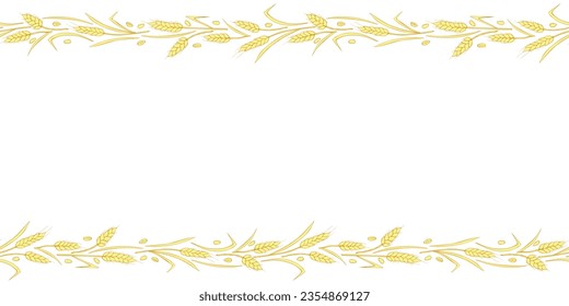 Vector Background, frame made of golden wheat or rye ears in doodle flat style. Horizontal top and bottom edging, border, decoration on theme of bakery products, flour, harvest, thanksgiving