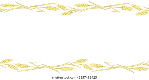 Vector Background, frame made of golden wheat or rye ears in doodle flat style. Horizontal top and bottom edging, border, decoration on theme of bakery products, flour, harvest, thanksgiving